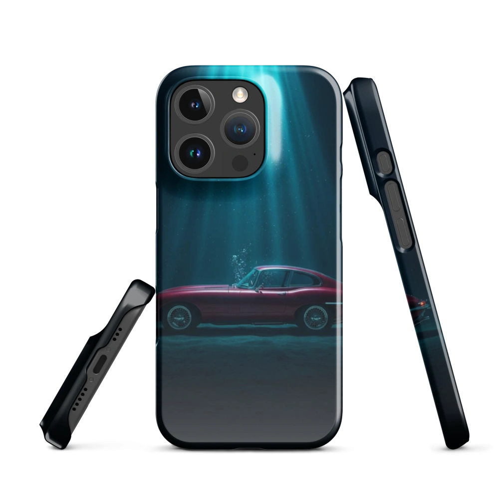 A hyper-realistic minimalist view of a sleek red 1960s sports car resting on the deep blue ocean floor.