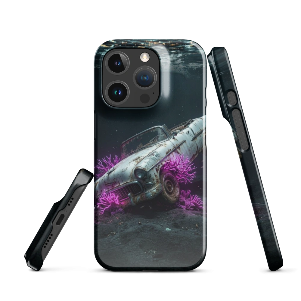 A hyper-realistic minimalist image of a vintage white convertible car parked on the sandy ocean floor.