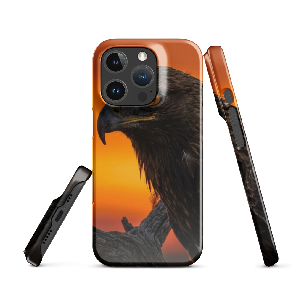 A majestic golden eagle silhouette flying in front of a brilliant, fiery orange and red sunset.