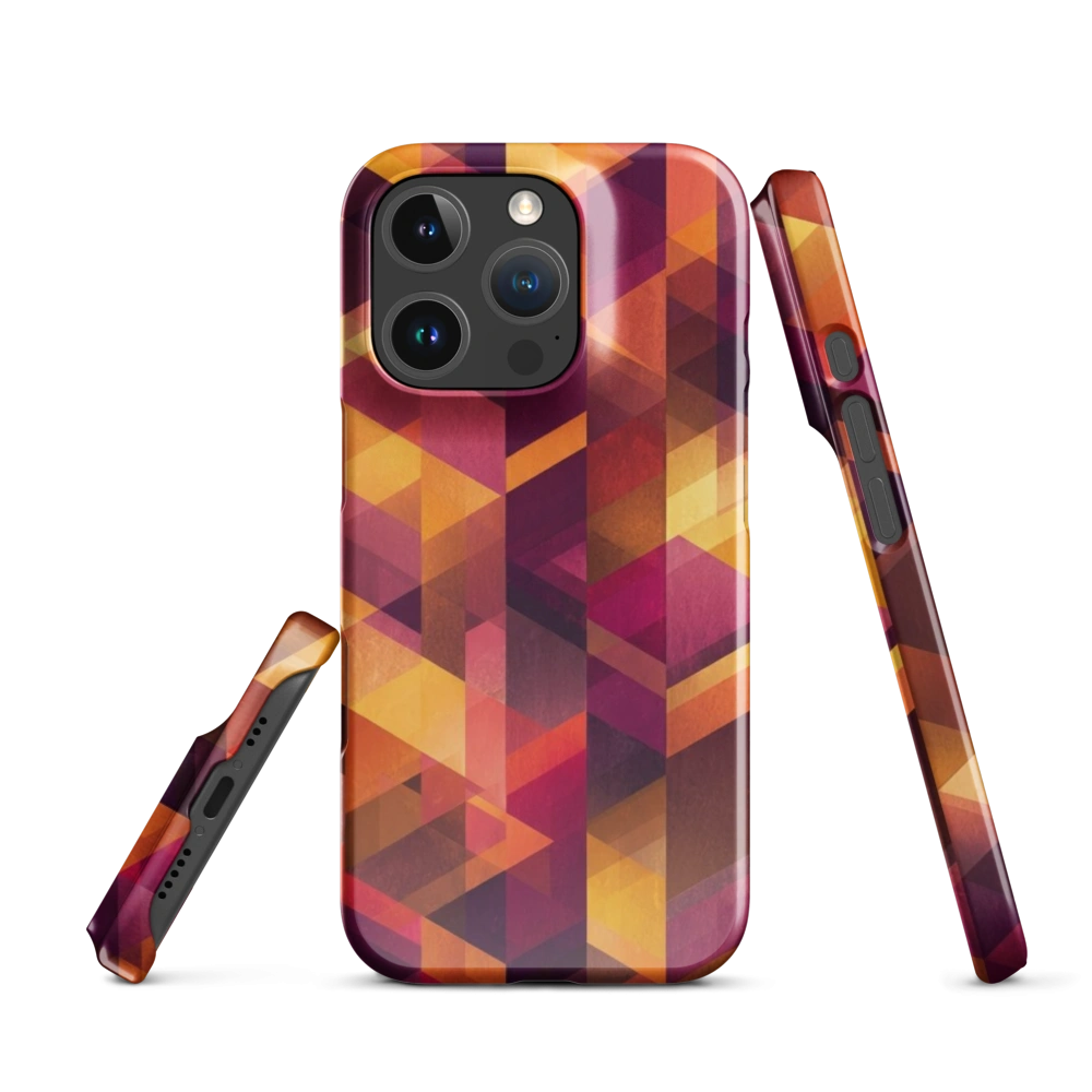 A vibrant geometric mosaic pattern inspired by sunset colors with sharp, intersecting lines.