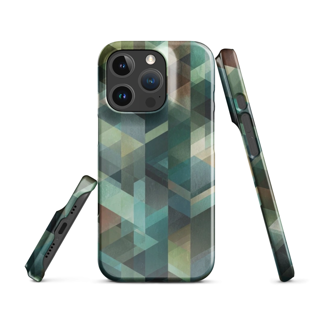 An artistic blend of pine tree silhouettes and geometric shapes painted with earthy green and brown watercolor textures.