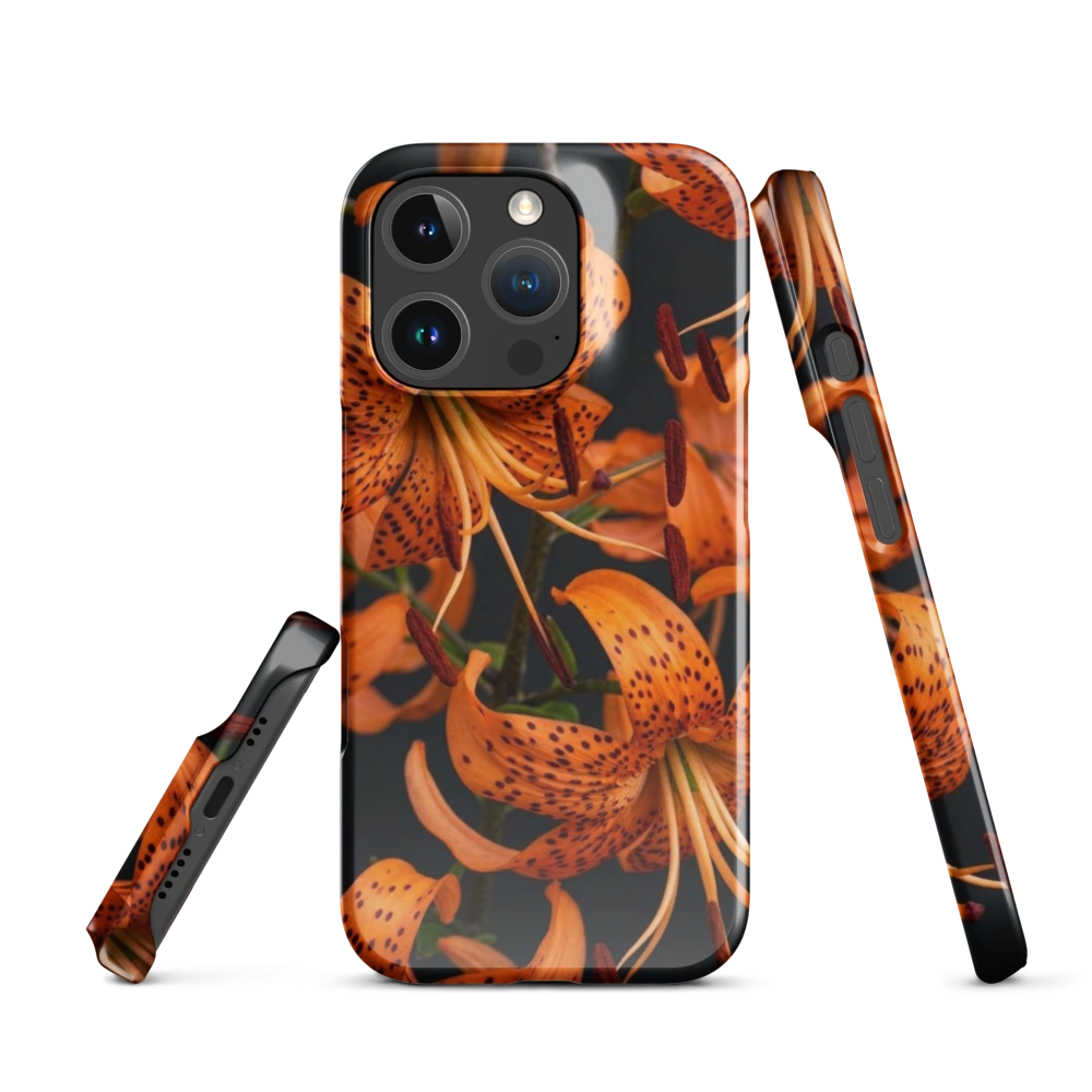 A vibrant digital illustration of a fiery tiger lily flower with bold orange and red petals on a dark background.